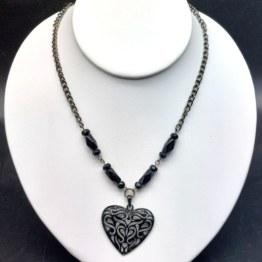 Vintage Black Heart Pendant Necklace with Filigree Design and Faceted Glass Bead